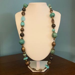 Vintage Costume Necklace, Turquoise, Brass, & Black, Length as Seen in Picture